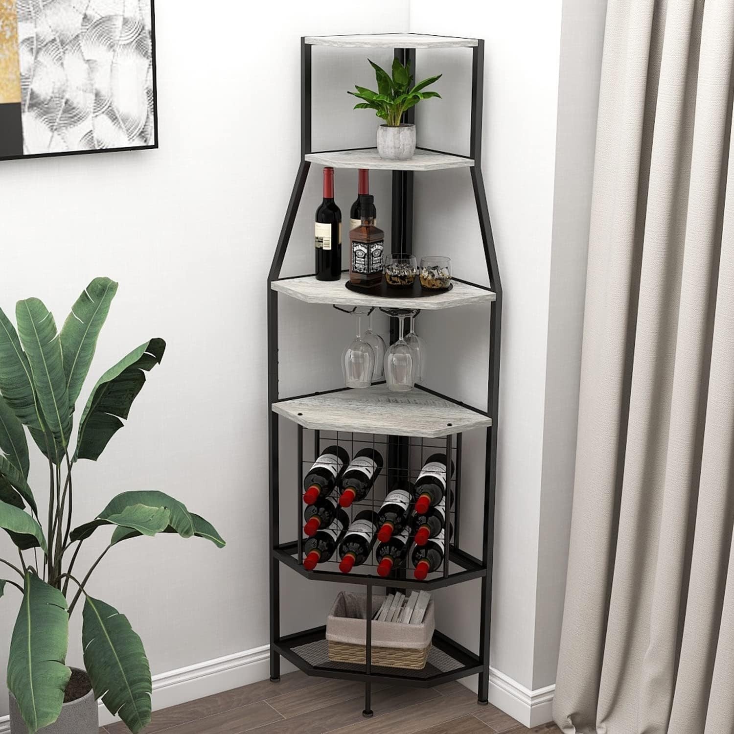 Corner Wine Rack Bar Cabinet with Glass Holder & 5-Tier Display Shelves for Home