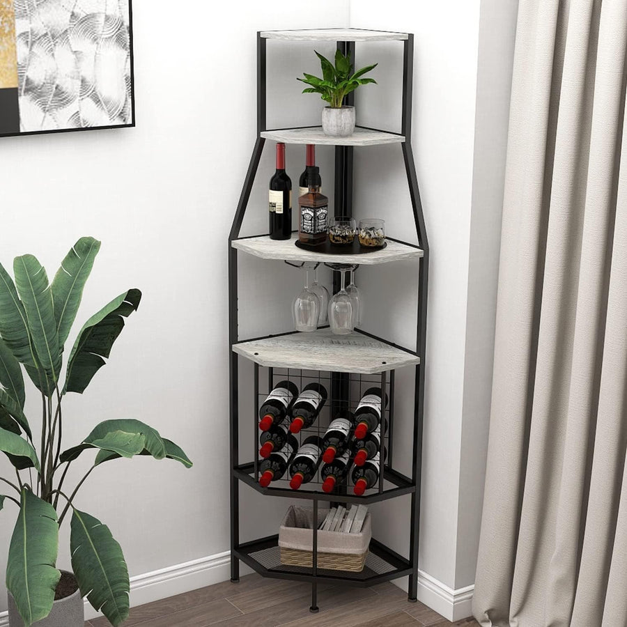 Corner Wine Rack Bar Cabinet with Glass Holder & 5-Tier Display Shelves for Home