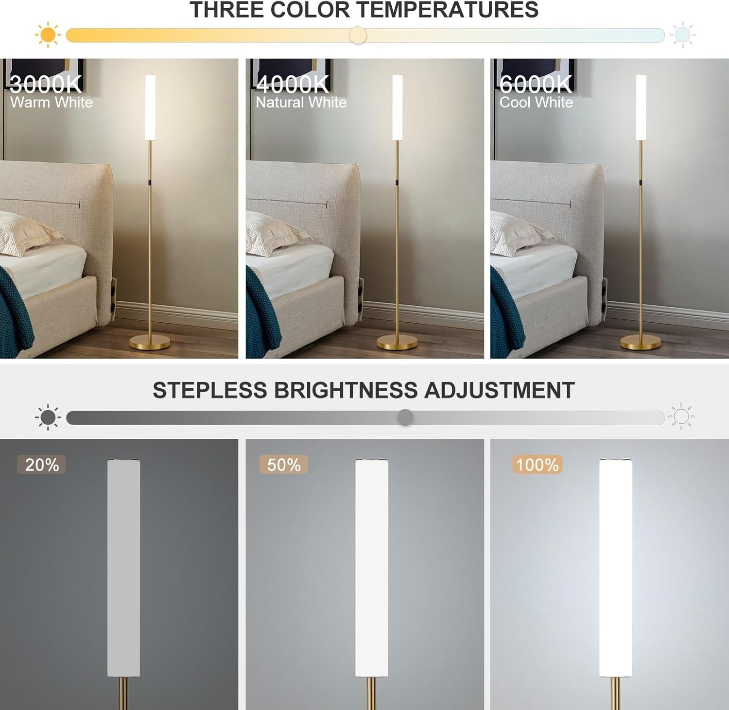 LED Floor Lamp Brass Gold with Remote Touch Control Dimmable 3 Colour Standing