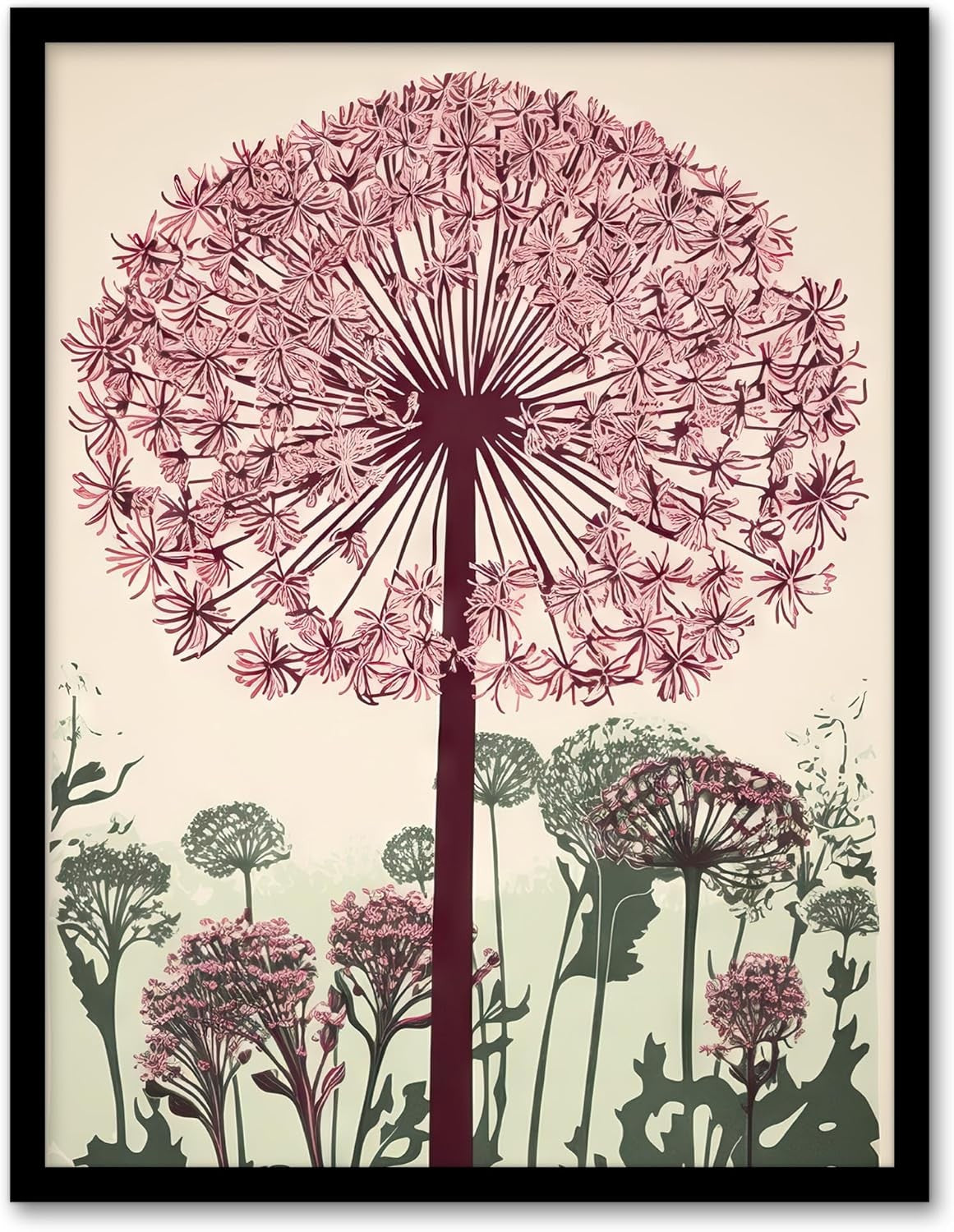 Artery8 Allium Flower Linocut Wall Art Pink Green A4 Framed Print