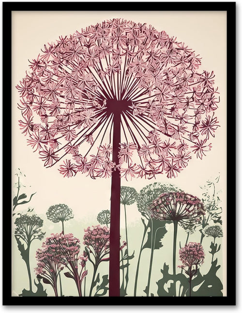 Artery8 Allium Flower Linocut Wall Art Pink Green A4 Framed Print