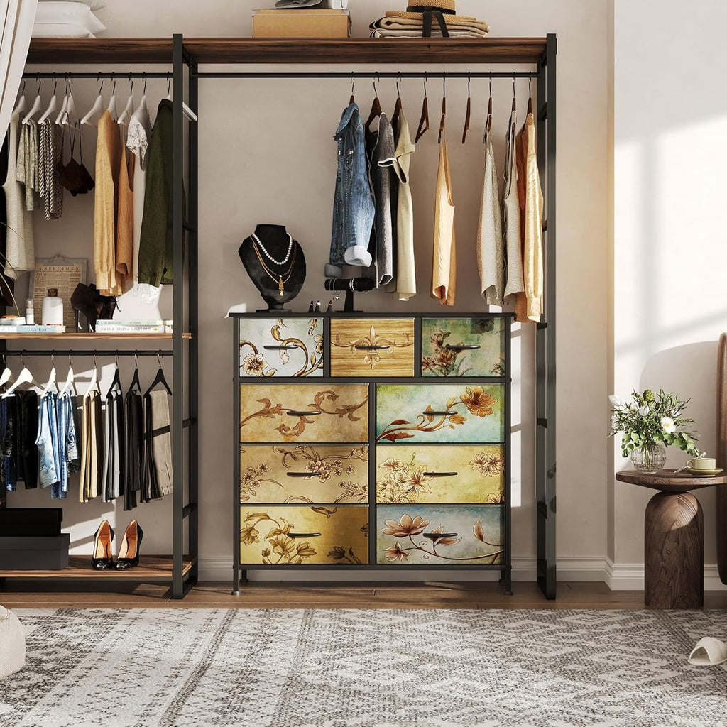 9 Drawer Tall Chest Fabric Dresser Storage Unit Floral Black Wood Top