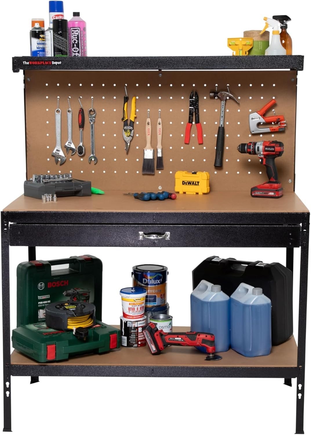 Heavy Duty Workshop Tool Bench Steel Frame Drawer Pegboard Shelves 230kg