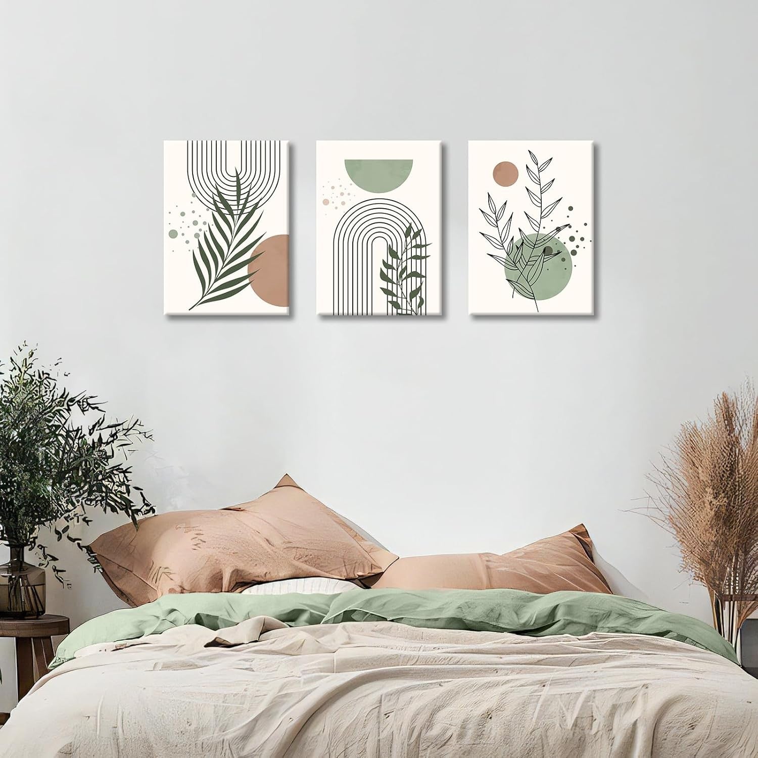 3Pcs Boho Green Botanical Canvas Wall Art 40x60cm Modern Framed Decor