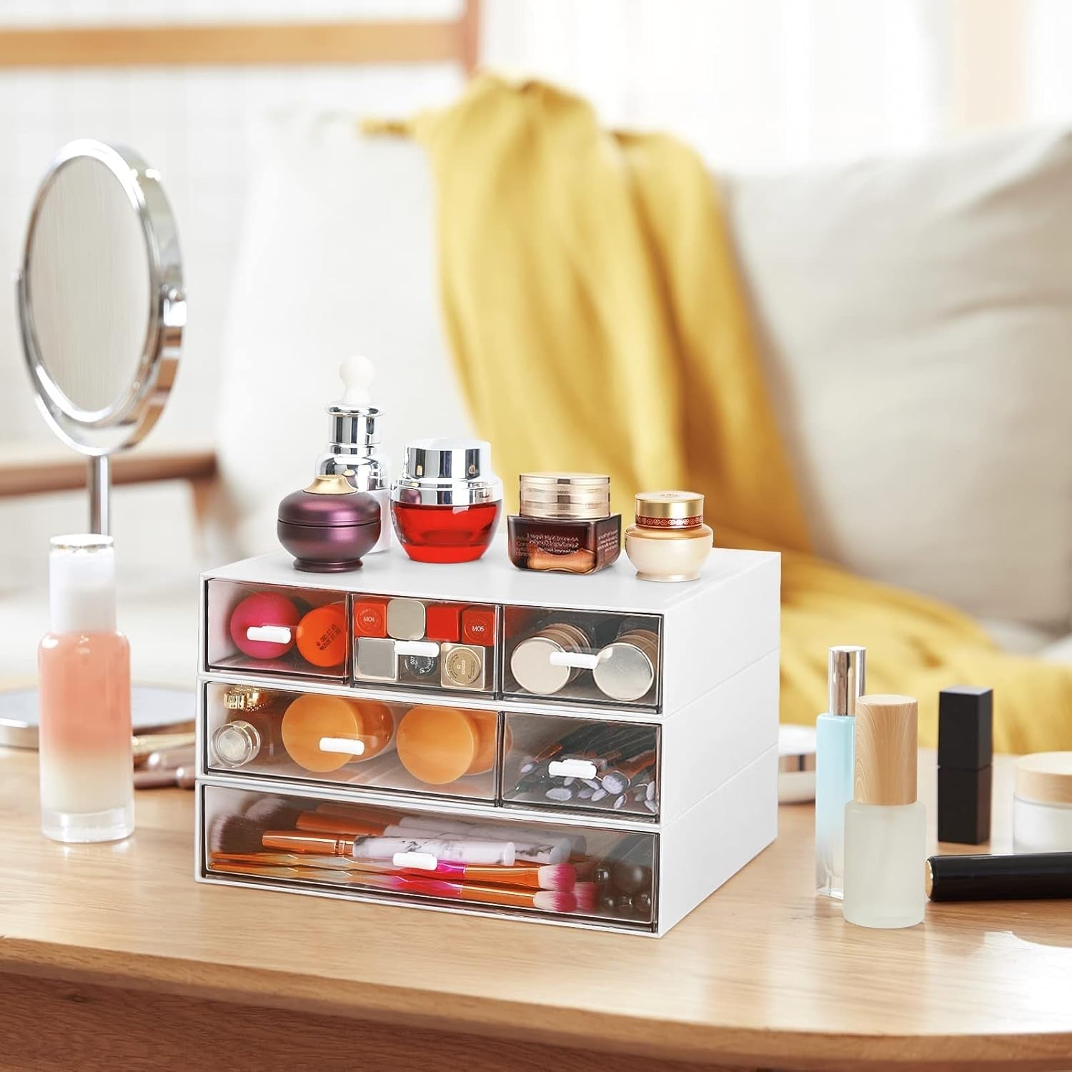 Desk Organizer 6 Stackable Drawers Clear Desktop Storage for Office & Makeup