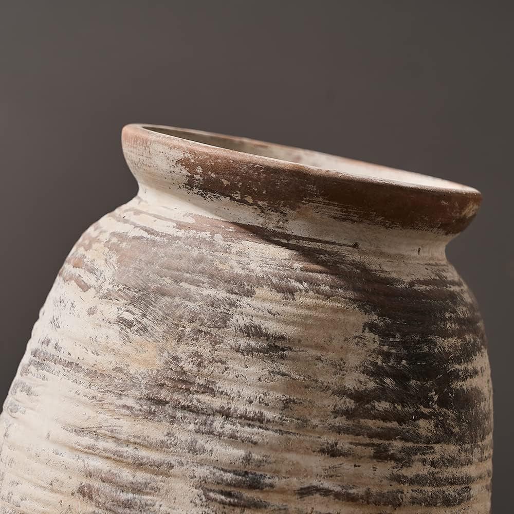 Rustic Terracotta Flower Vase 7.3in Whitewashed Ceramic Farmhouse Décor