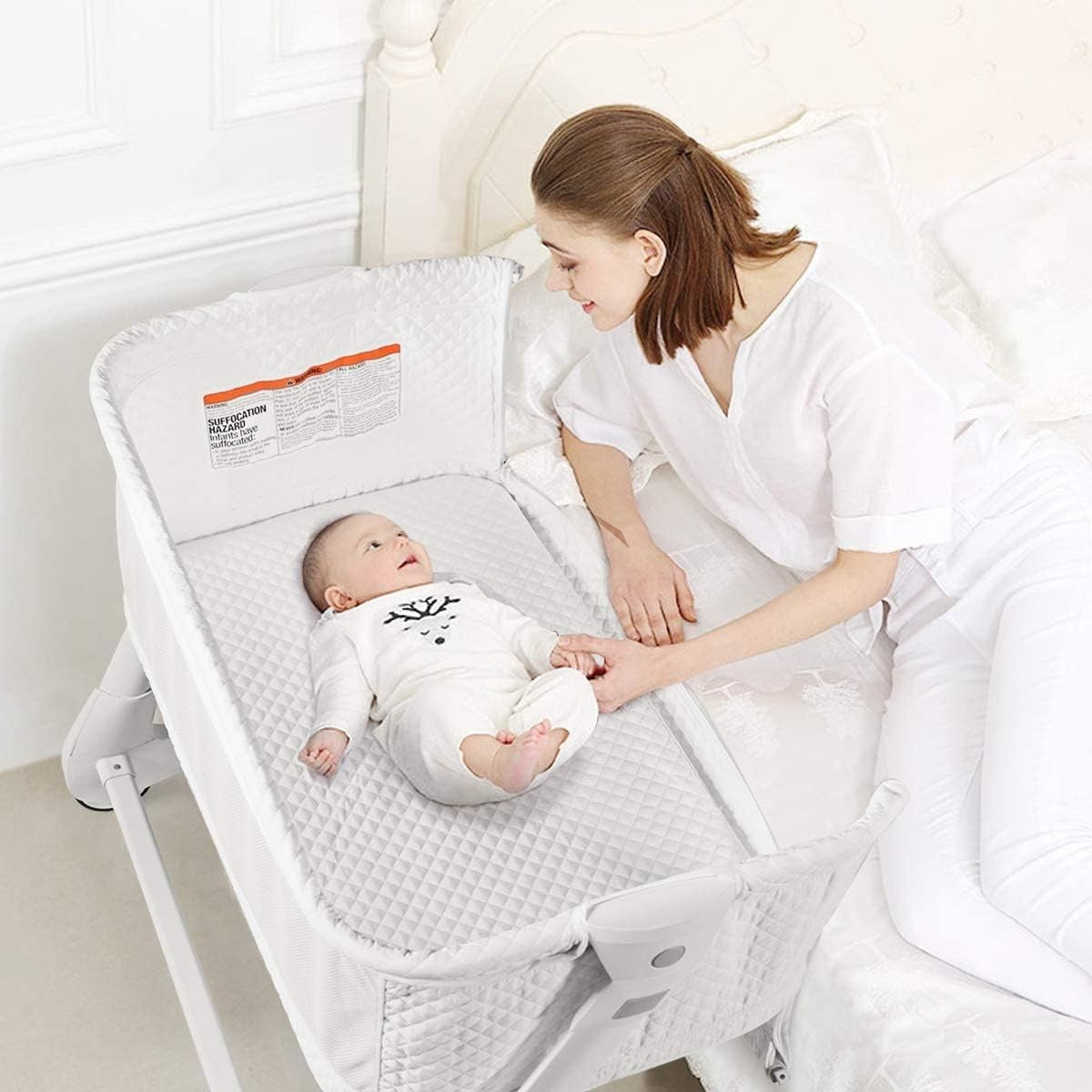 Bedside Baby Crib Adjustable Bassinet with Mattress & Wheels, Breathable White