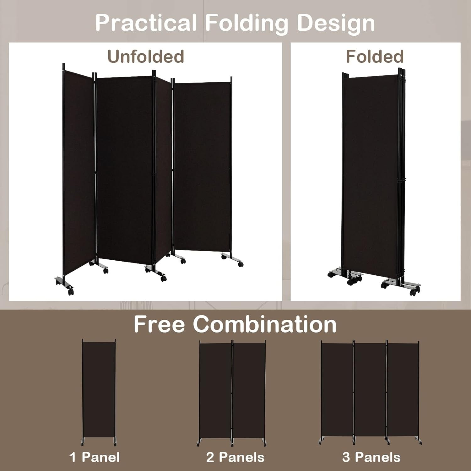 4-Panel Brown Folding Room Divider 224x30x172cm Privacy Screen Partition