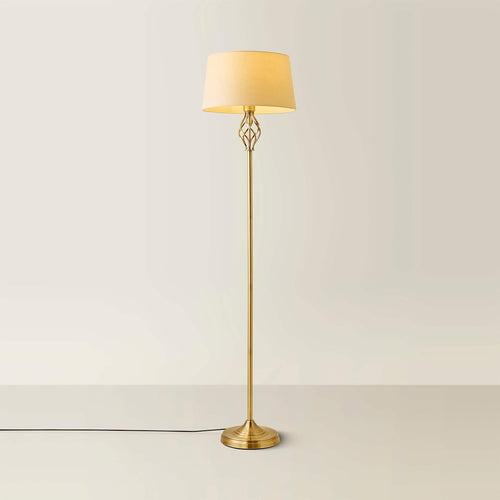 Antique Brass Twist Floor Lamp with Beige Tapered Shade Classic Standing Light