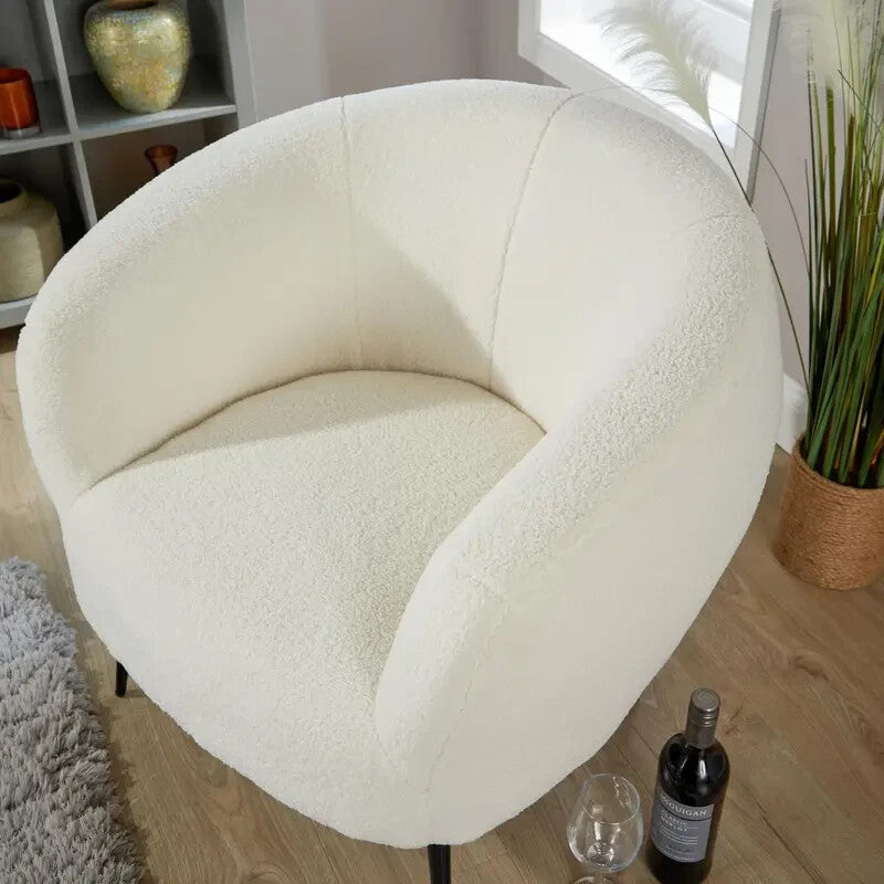 White Faux Fur Accent Chair Plush Round Back with Black Legs Lounge Seat