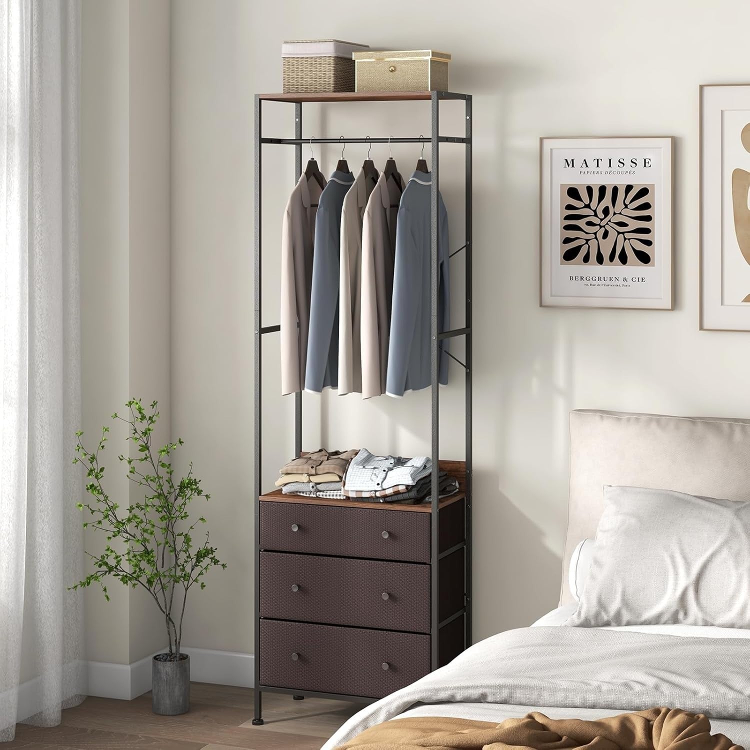 Clothes Rail with 3 Drawers 3-Level Hanging Shelf Brown