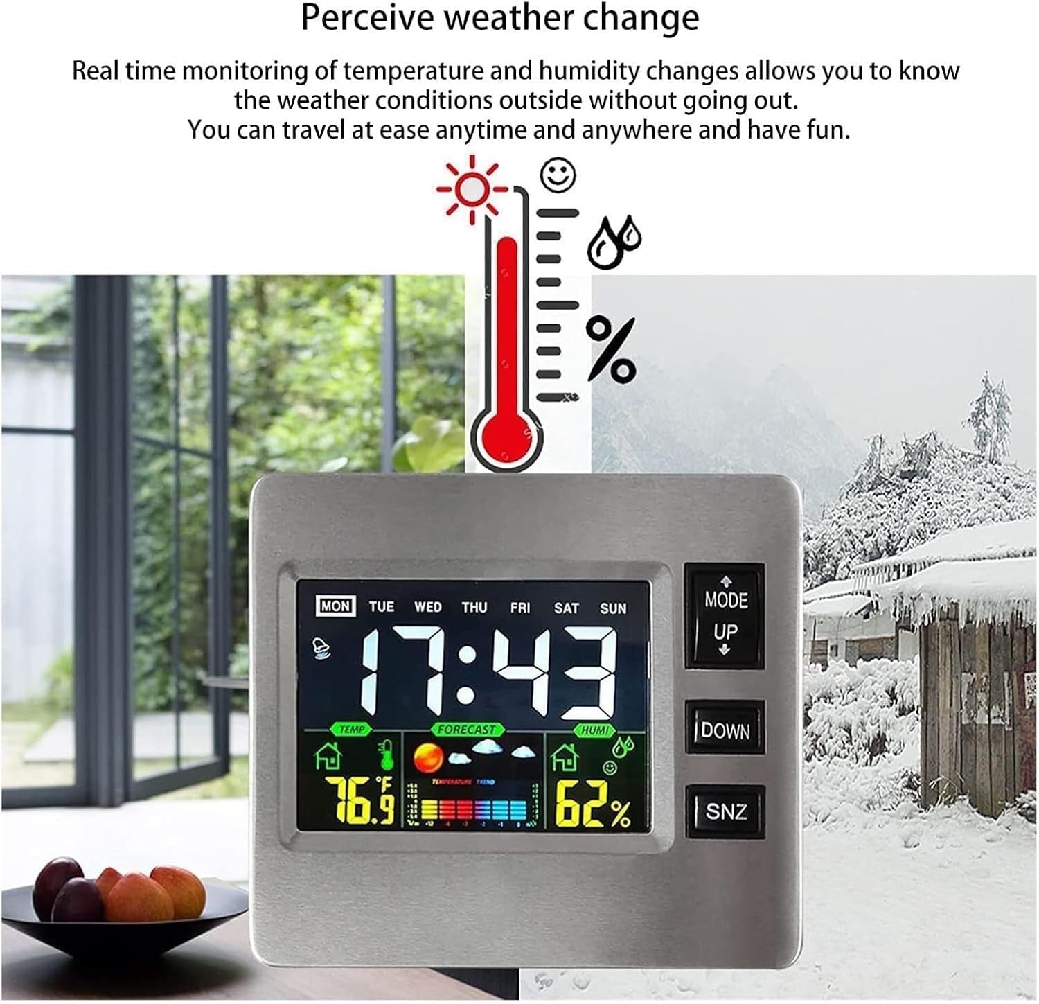 Digital Alarm Clock Weather Humidity Display Loud Volume Bedside Desk Clock