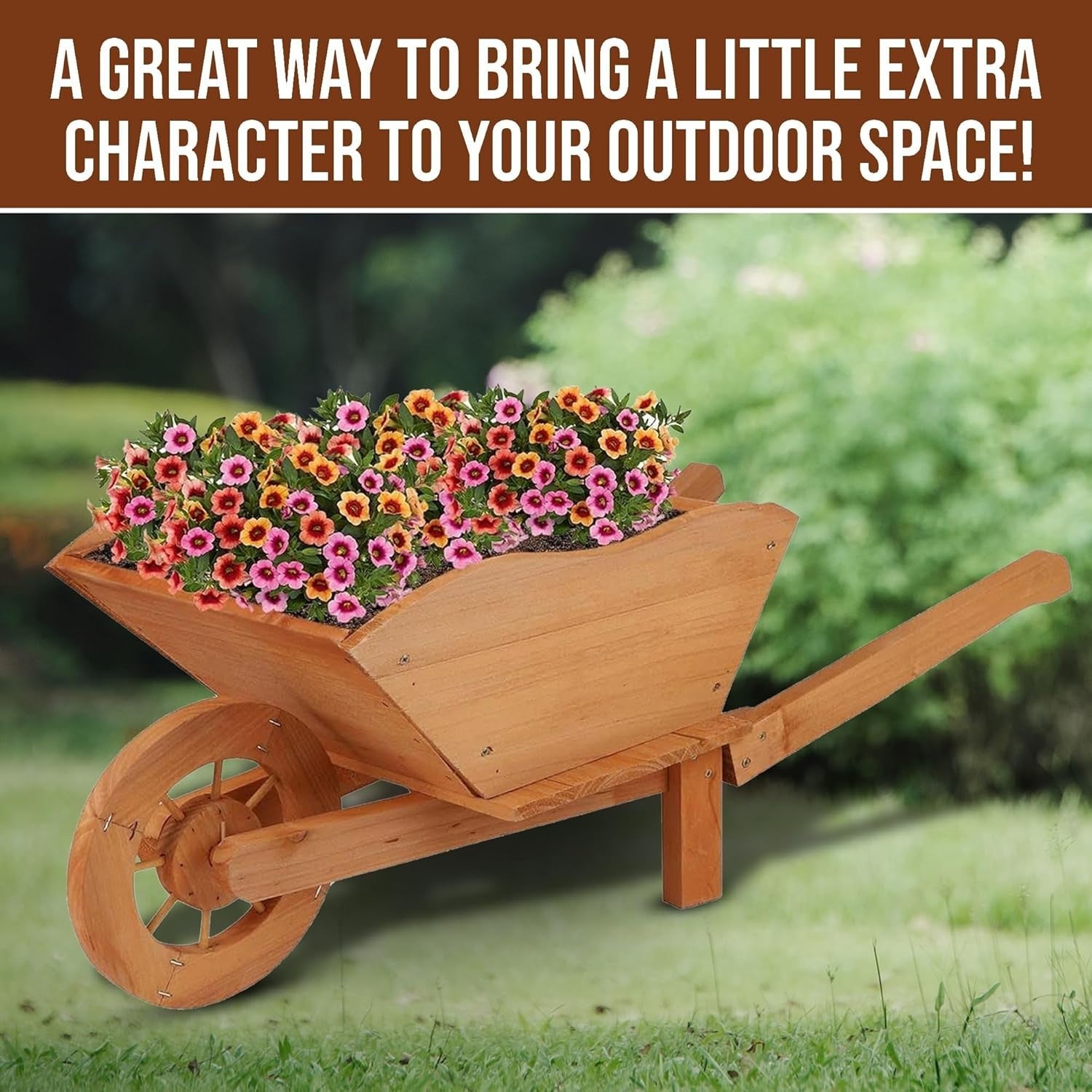 Large Wooden Garden Wheelbarrow Planter – Rustic Brown Design w/ Handles & Wheel