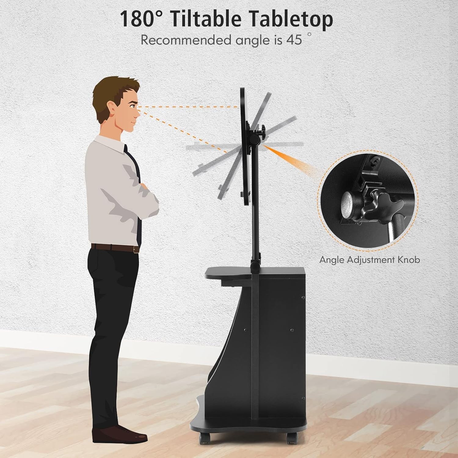 Height Adjustable Overbed Laptop Table with Storage Cabinet Wheels Black