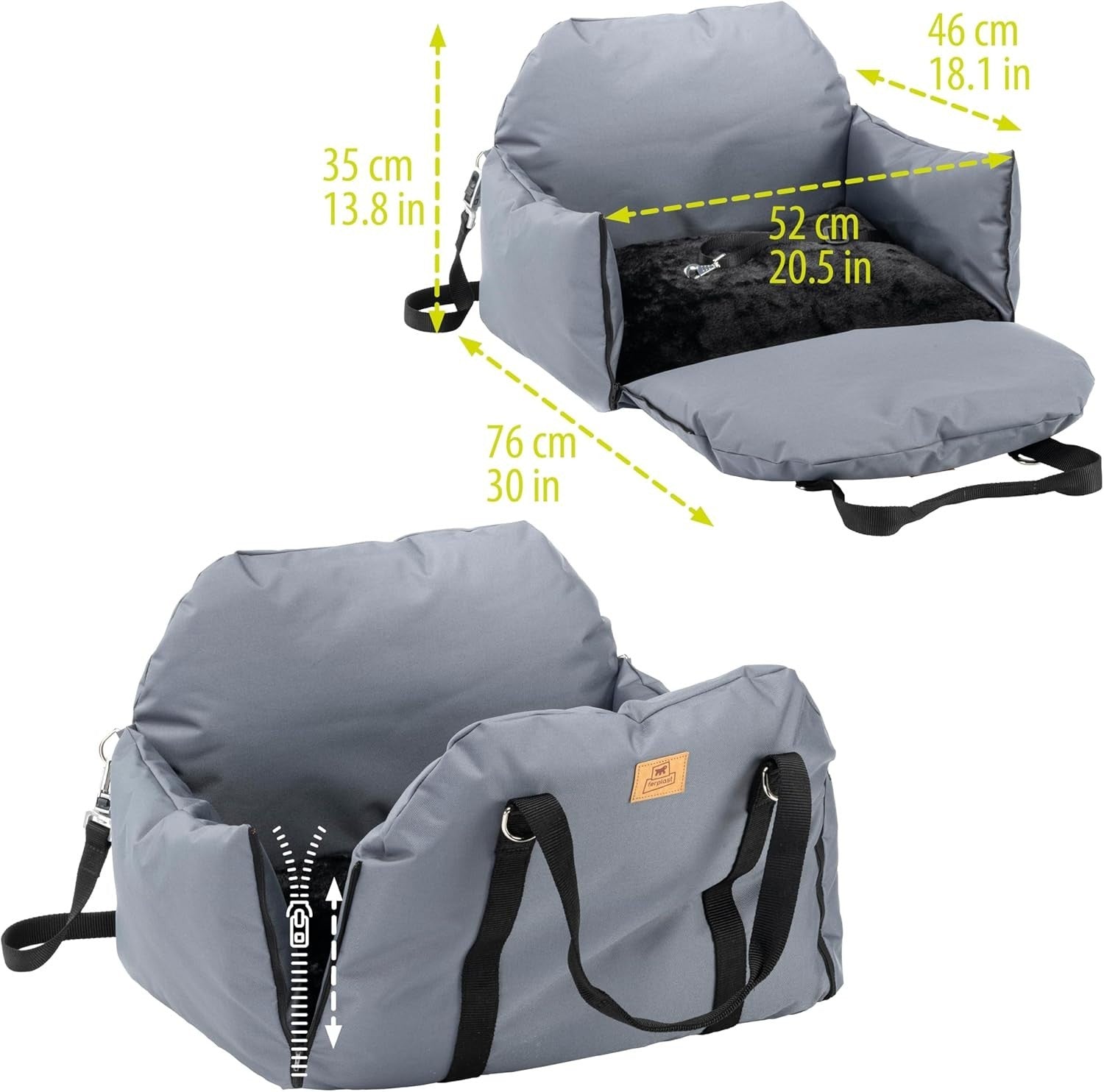 Dog Car Carrier Travel Bag Seat Belt Attachment Reversible Bed Grey