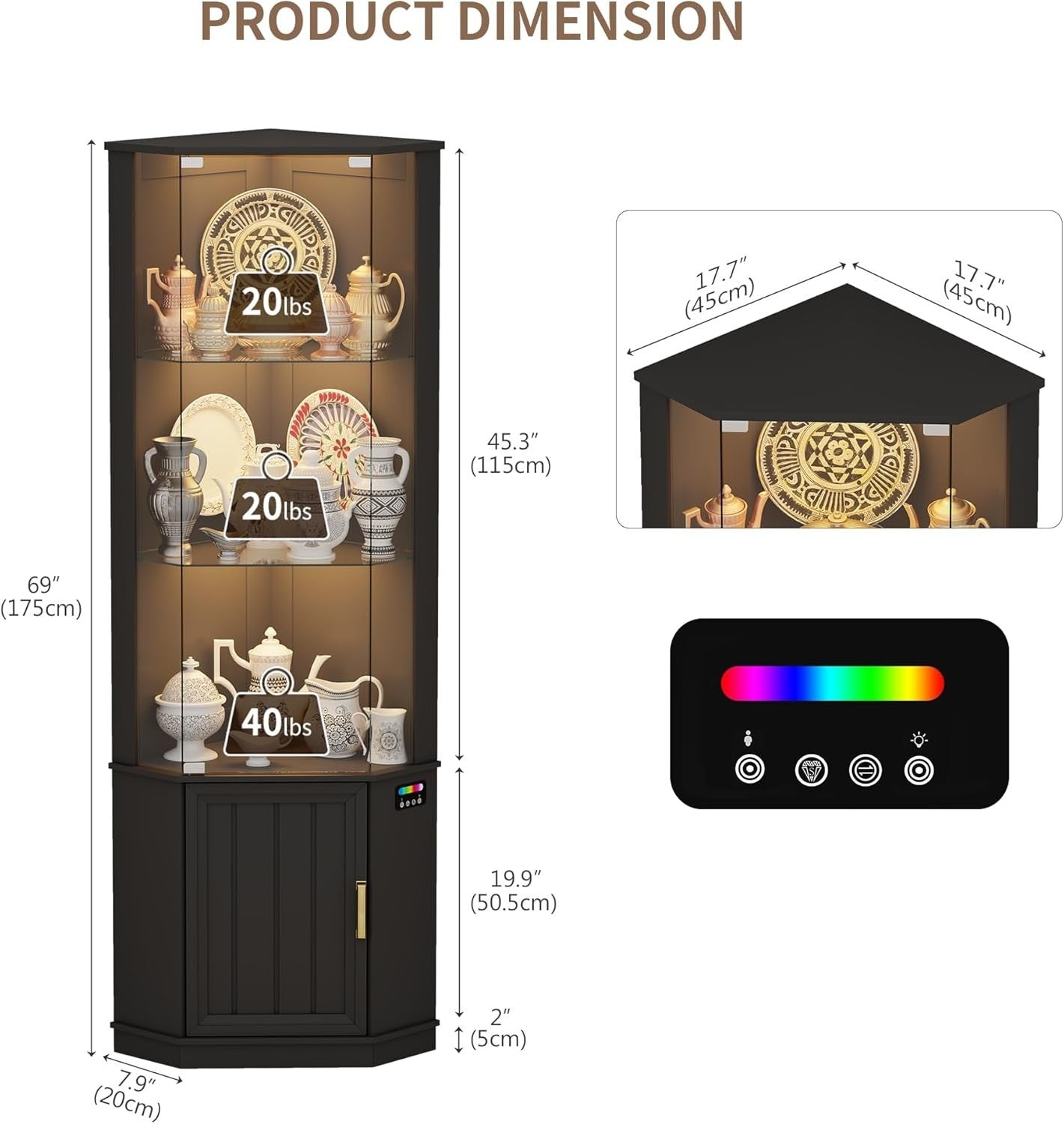 3-Tier Glass Display Cabinet with Motion Sensor & RGB Lights, 69" Corner Shelf