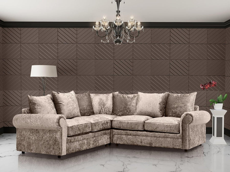 Luxury 5-Seater Mink Crushed Velvet Corner Sofa Set 3+2 Seater with Memory Foam