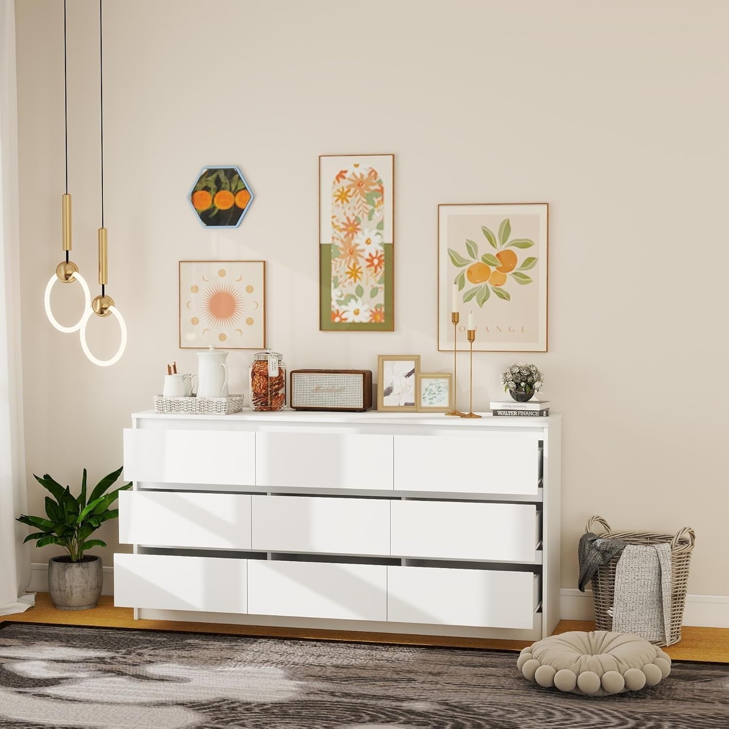 White 9 Drawer Wide Chest Dresser Modern Storage Cabinet for Bedroom