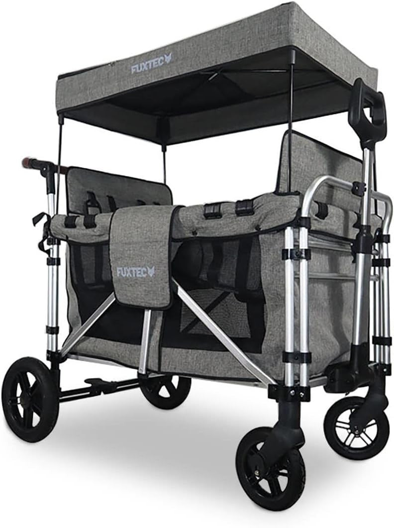 Premium Grey 4-Seater All-Terrain Kids Folding Wagon with Canopy & Safety Belts