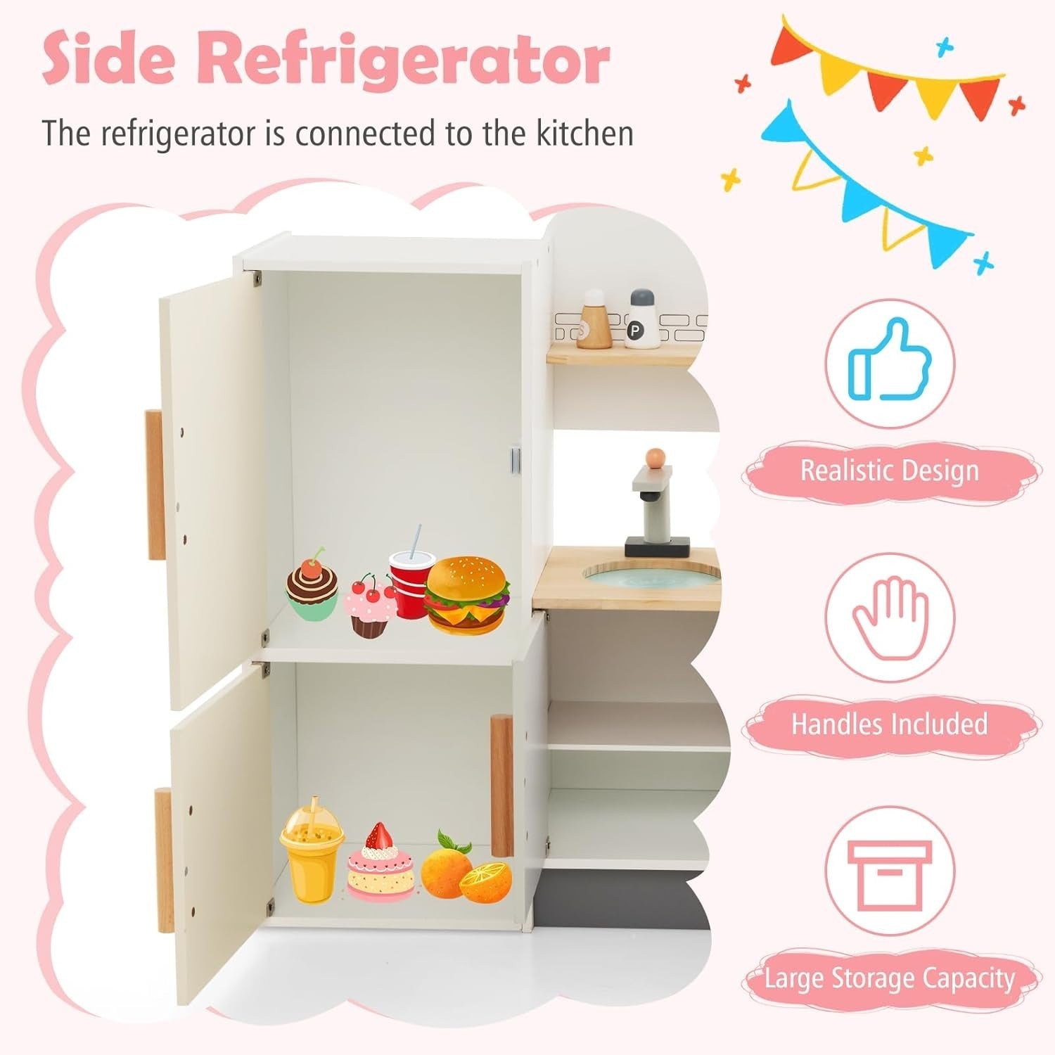 Wooden Kids Play Kitchen BBQ Grill Fridge Sink Toy Set Accessories