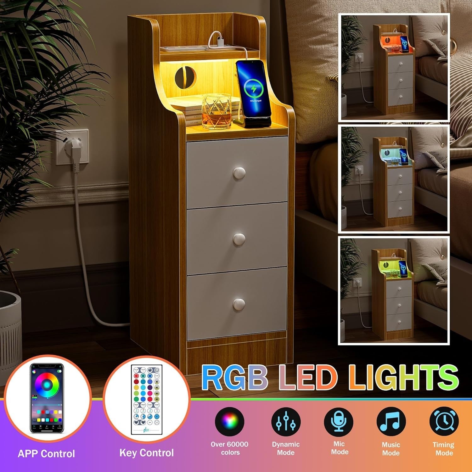 Slim Oak 3 Drawer Bedside Table with RGB LED Lights & Charging Station