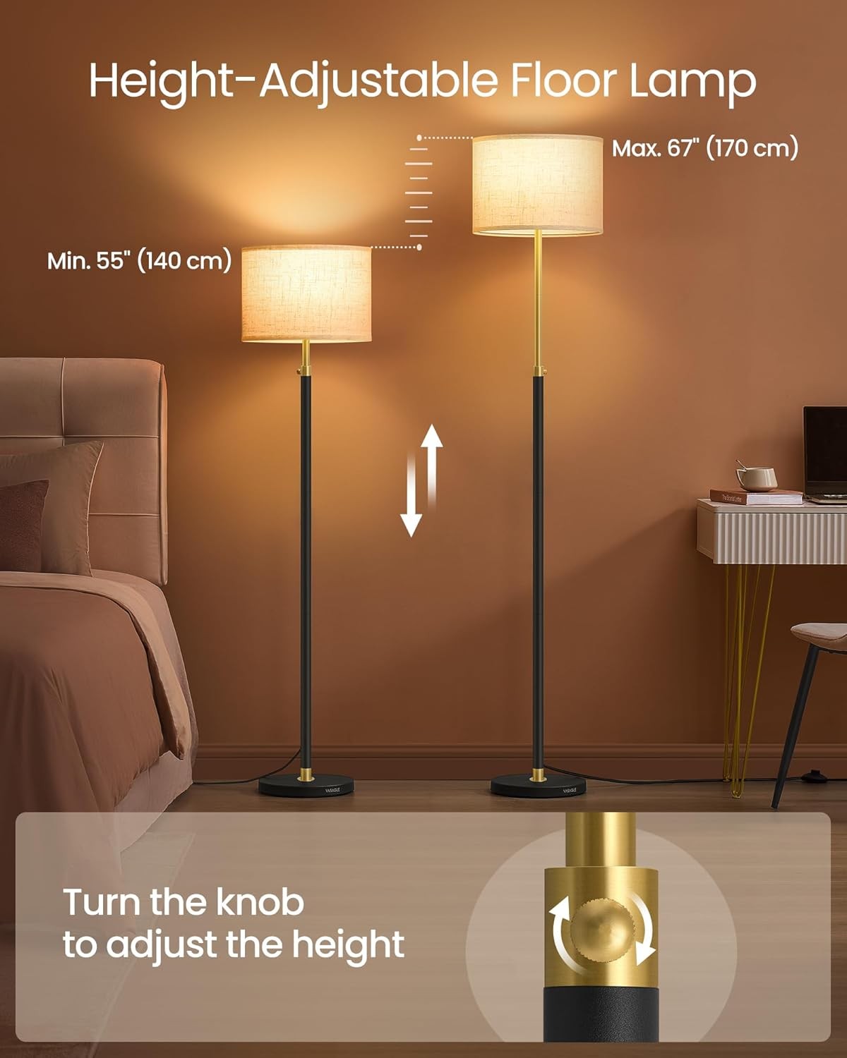 Adjustable Floor Lamp Black Gold Fabric Shade Modern Standing Light 170cm