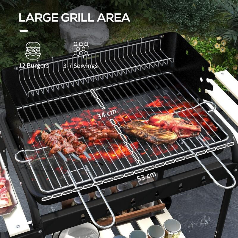 Charcoal BBQ Grill Trolley with 5-Height Levels, Shelves, Wheels & Warmer