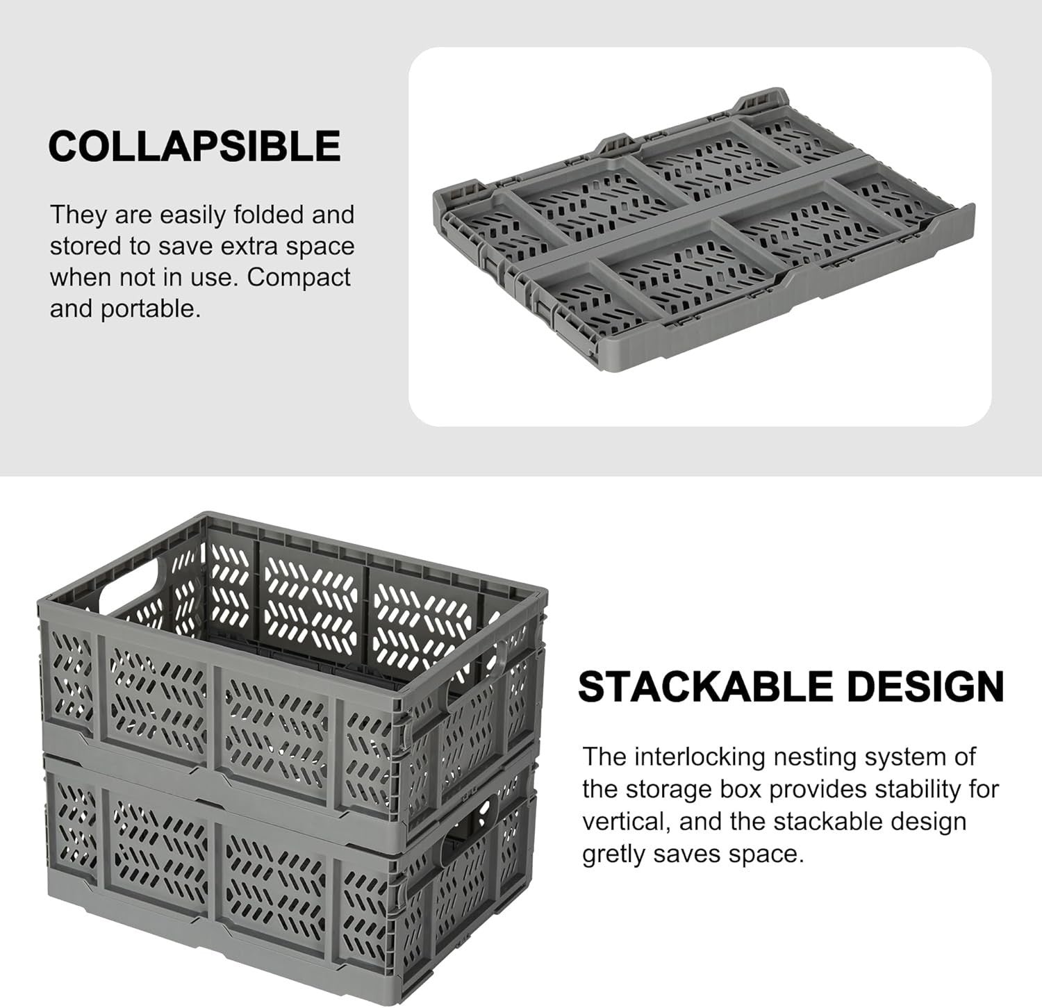 4x 20L Folding Storage Crates Collapsible Plastic Stackable Bins Grey