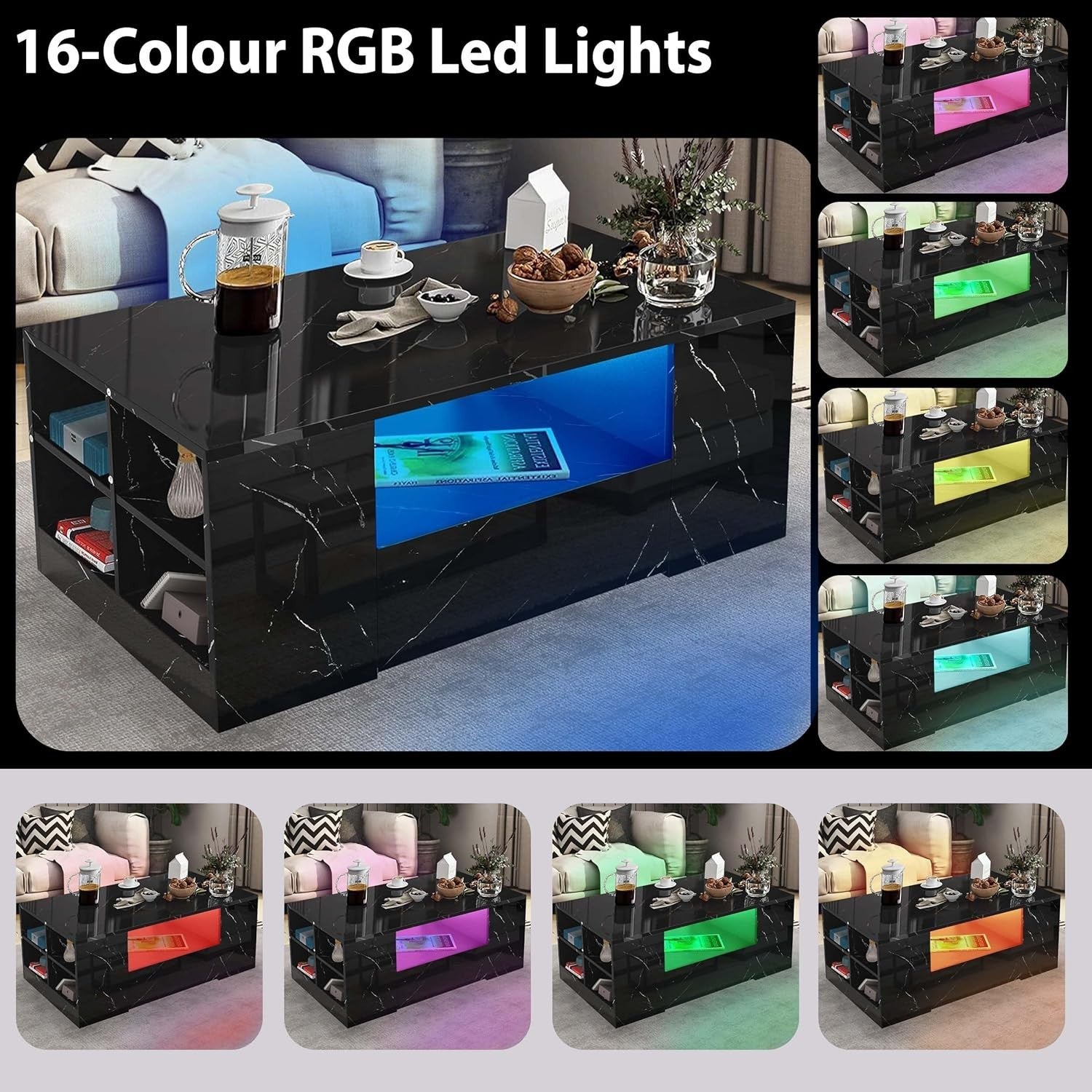 Black Marble High Gloss Coffee Table with LED RGB Lights & Storage 95x55x37cm