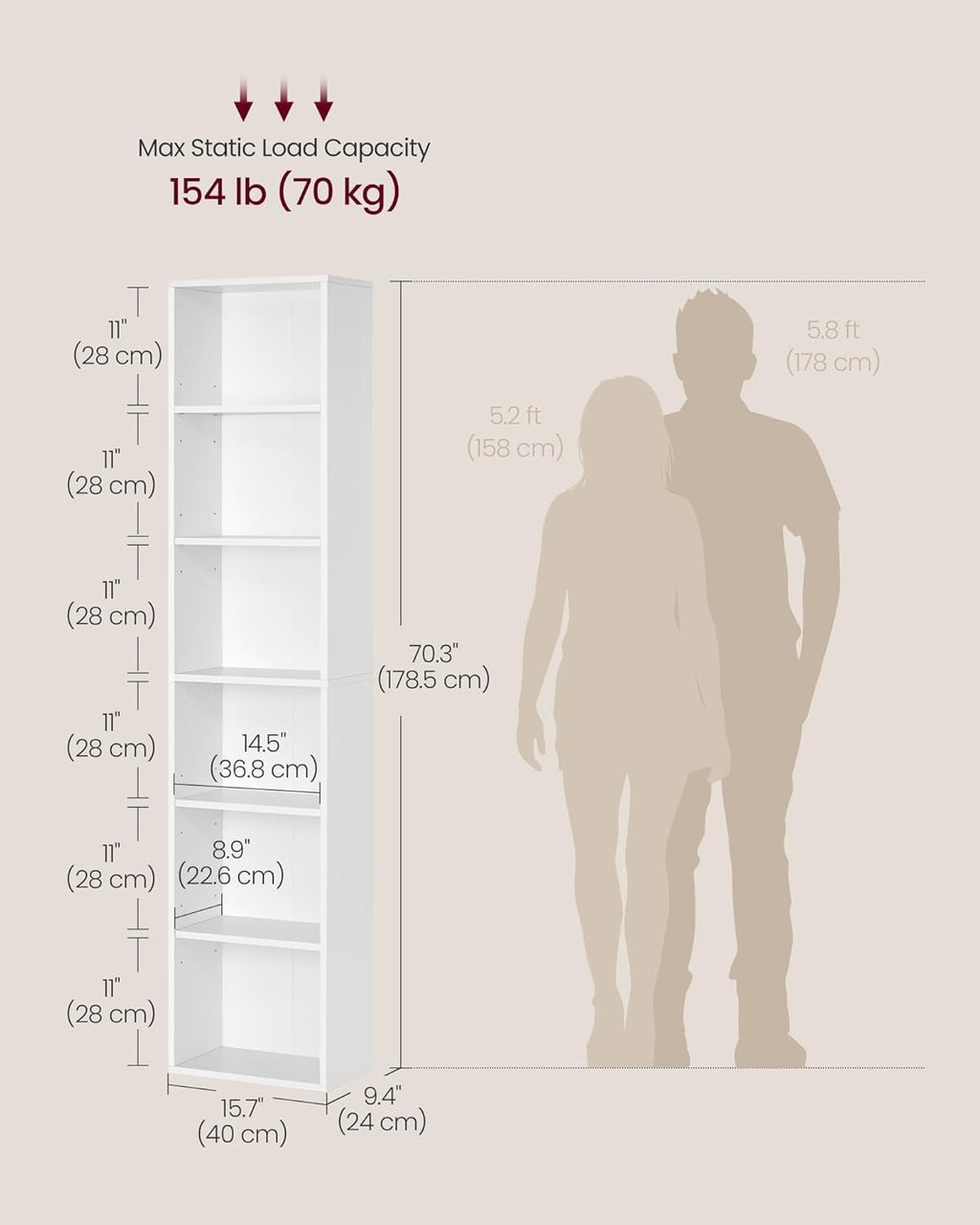 6 Tier White Wooden Bookcase Tall Storage Display Book Shelf for Living Room