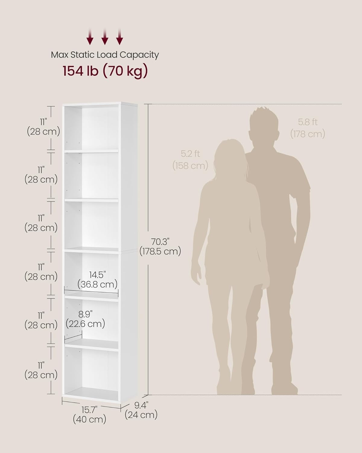 6 Tier White Wooden Bookcase Tall Storage Display Book Shelf for Living Room