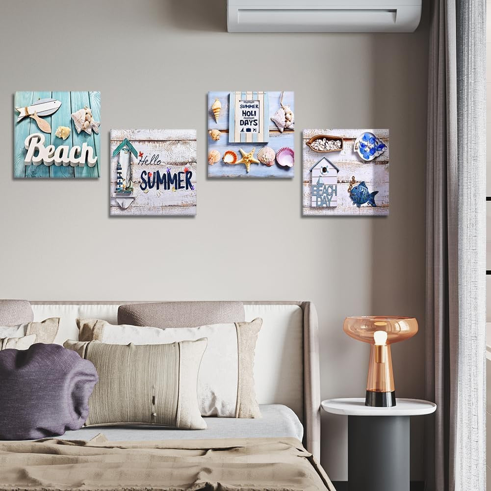 Beach Wall Art Canvas Prints 4 Piece Set Blue Ocean 30x30cm Framed Decor
