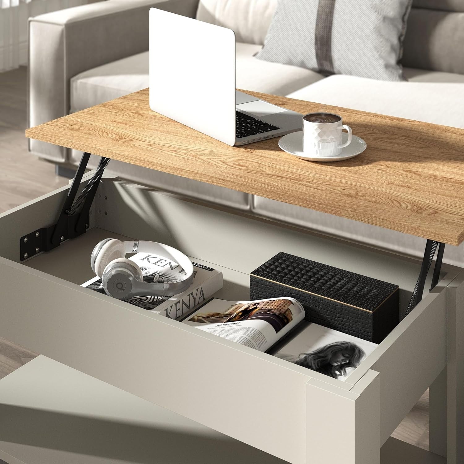 Lift-Up Coffee Table with Hidden Storage & Shelf, Modern Space Saver