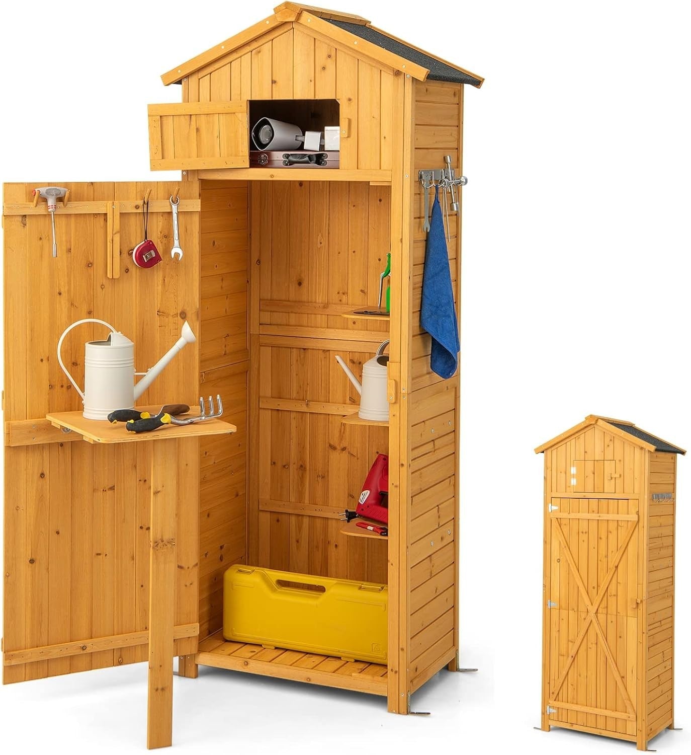 Fir Wood Garden Shed 75x50x180cm Outdoor Tool Storage Cabinet with Roof Hatch