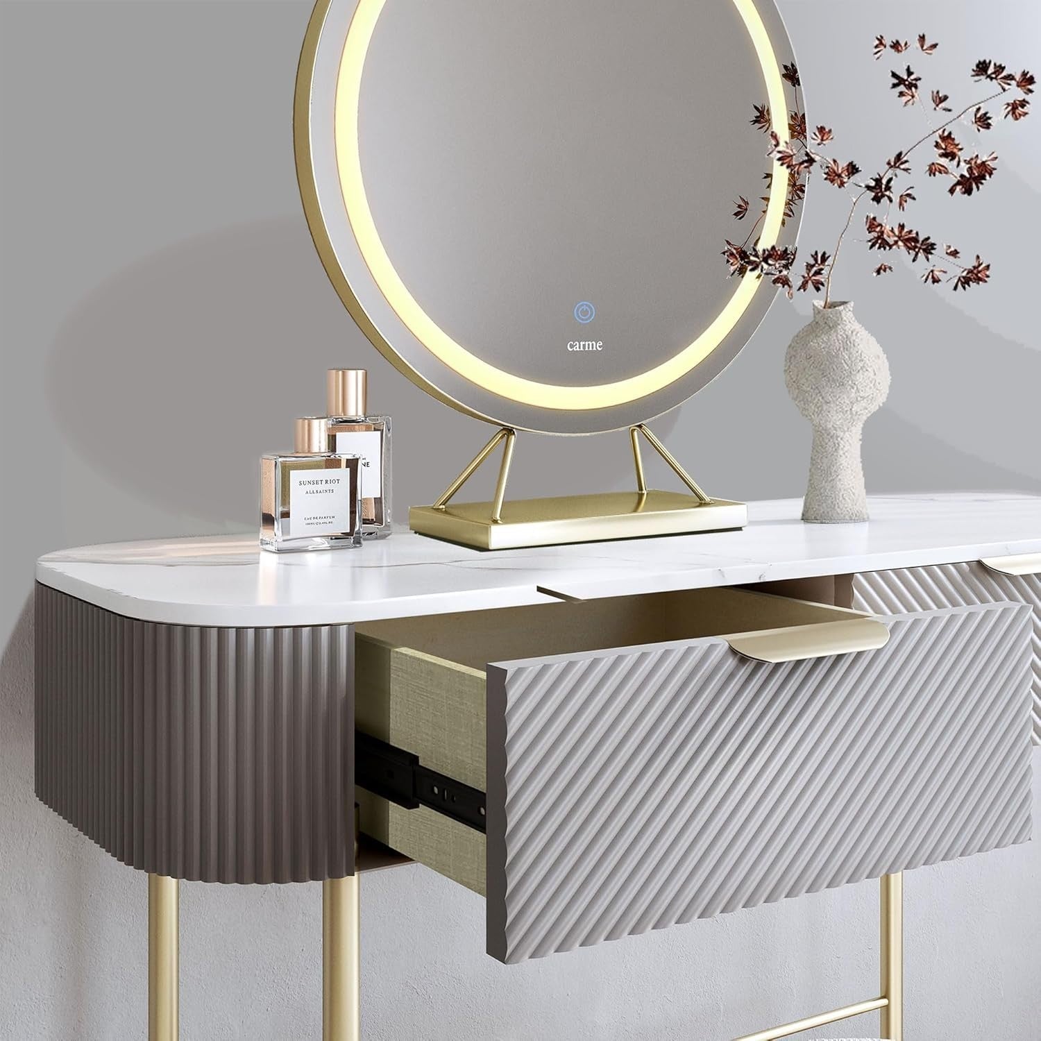 Modern Dressing Table Vanity Console Mocha Gold 2 Drawer Dimmable LED Light