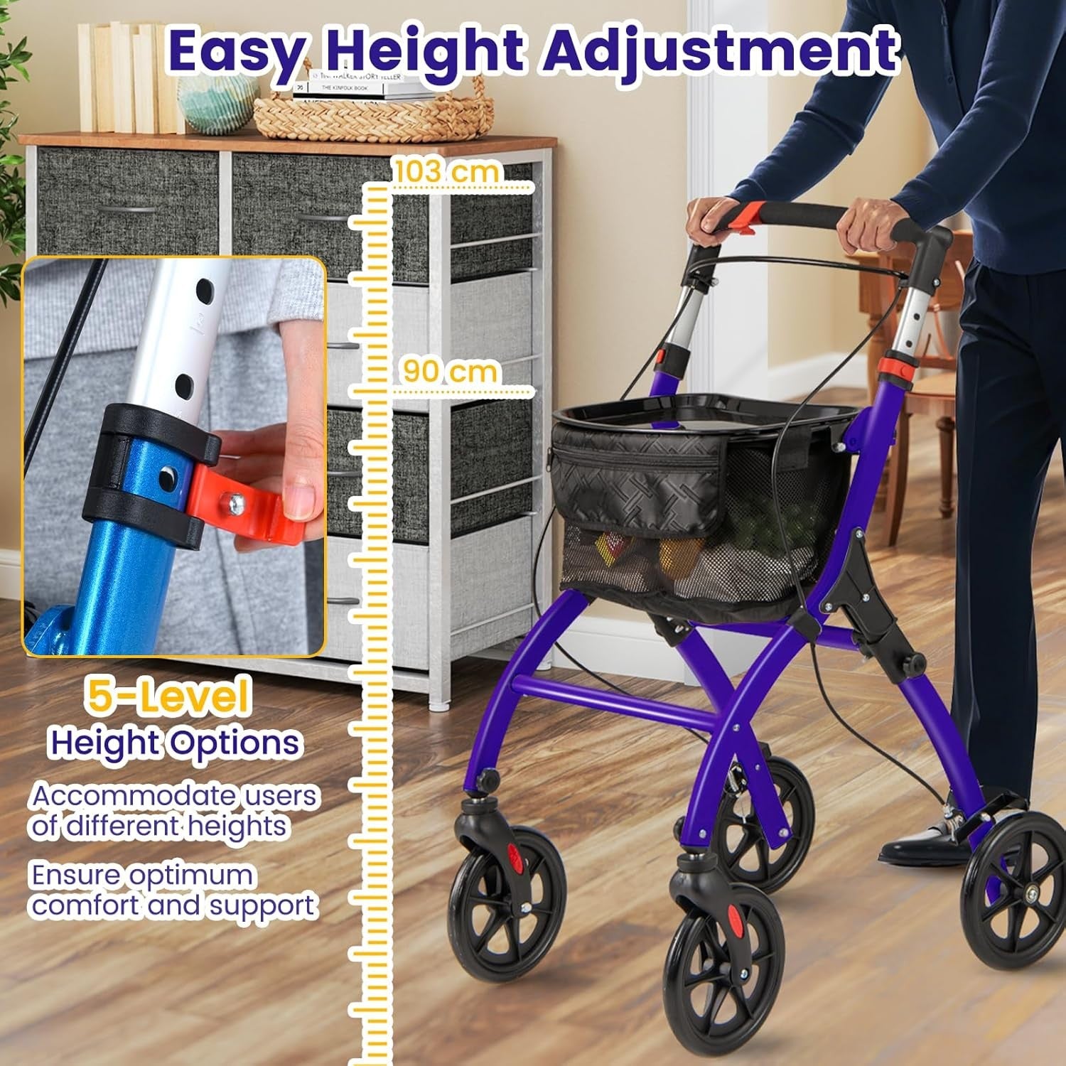4 Wheel Rollator Walker Lightweight Folding Mobility Aid Brakes & Tray