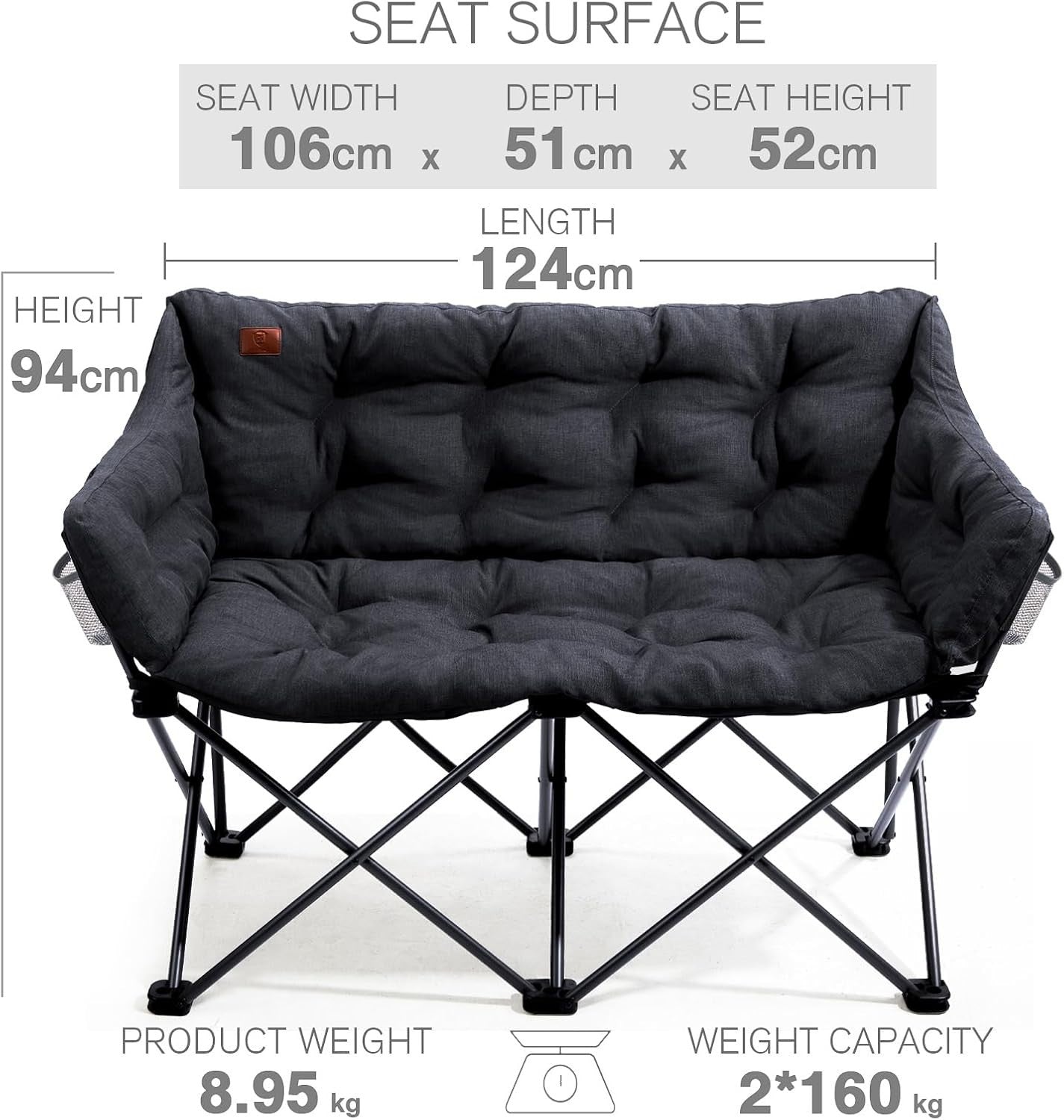 Heavy Duty Double Folding Camping Chair 320kg Capacity Outdoor Sofa Seat