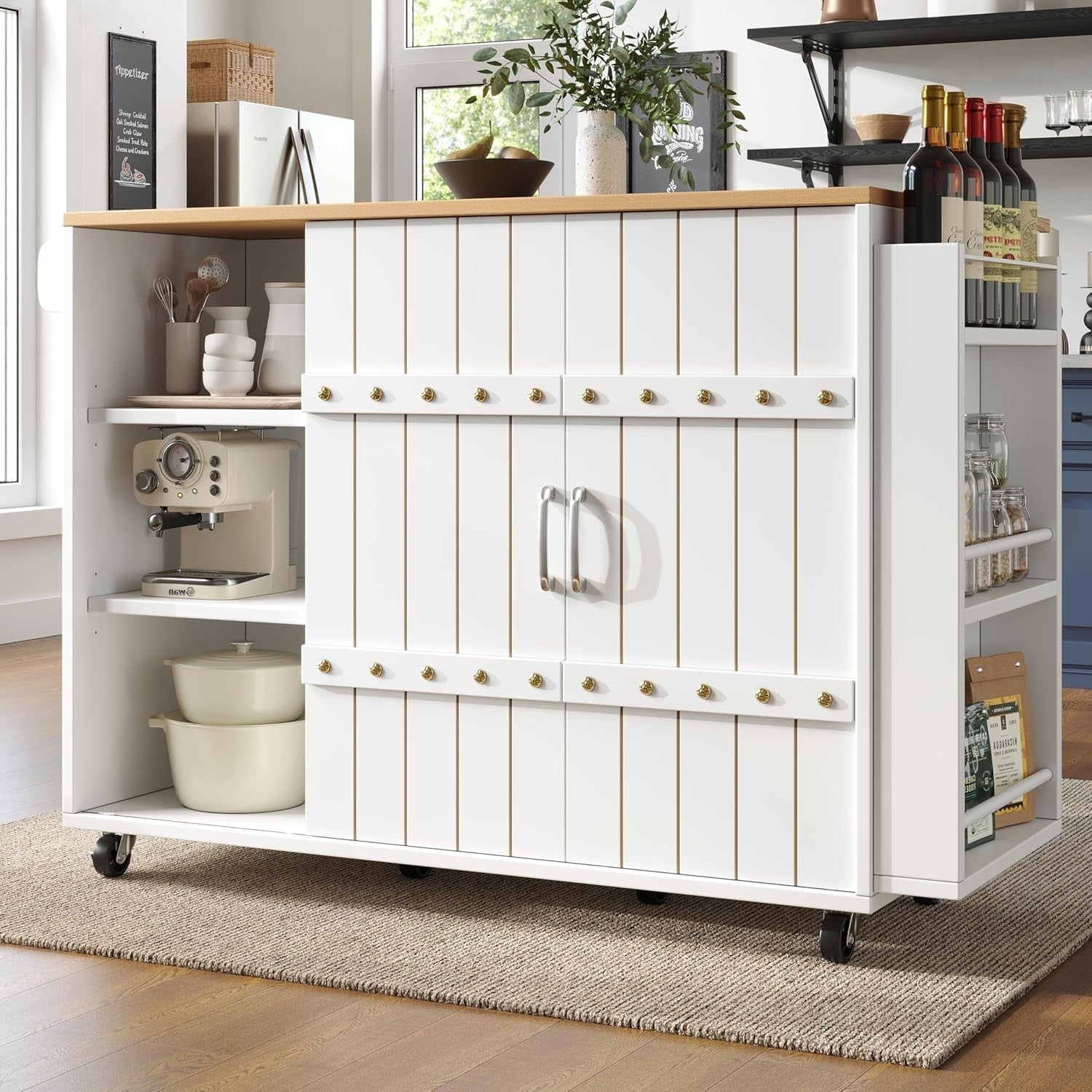White Rolling Kitchen Island Fold Out Table Storage Cabinet