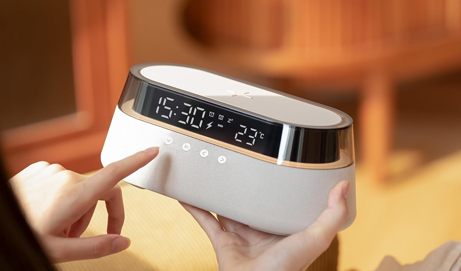 Light Beige 6-in-1 Wireless Charging Station Bluetooth Speaker Alarm Clock