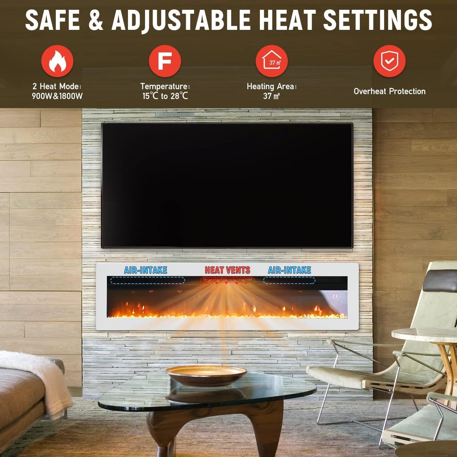 152cm Wall Mounted Electric Fireplace with Realistic LED Flames & Remote