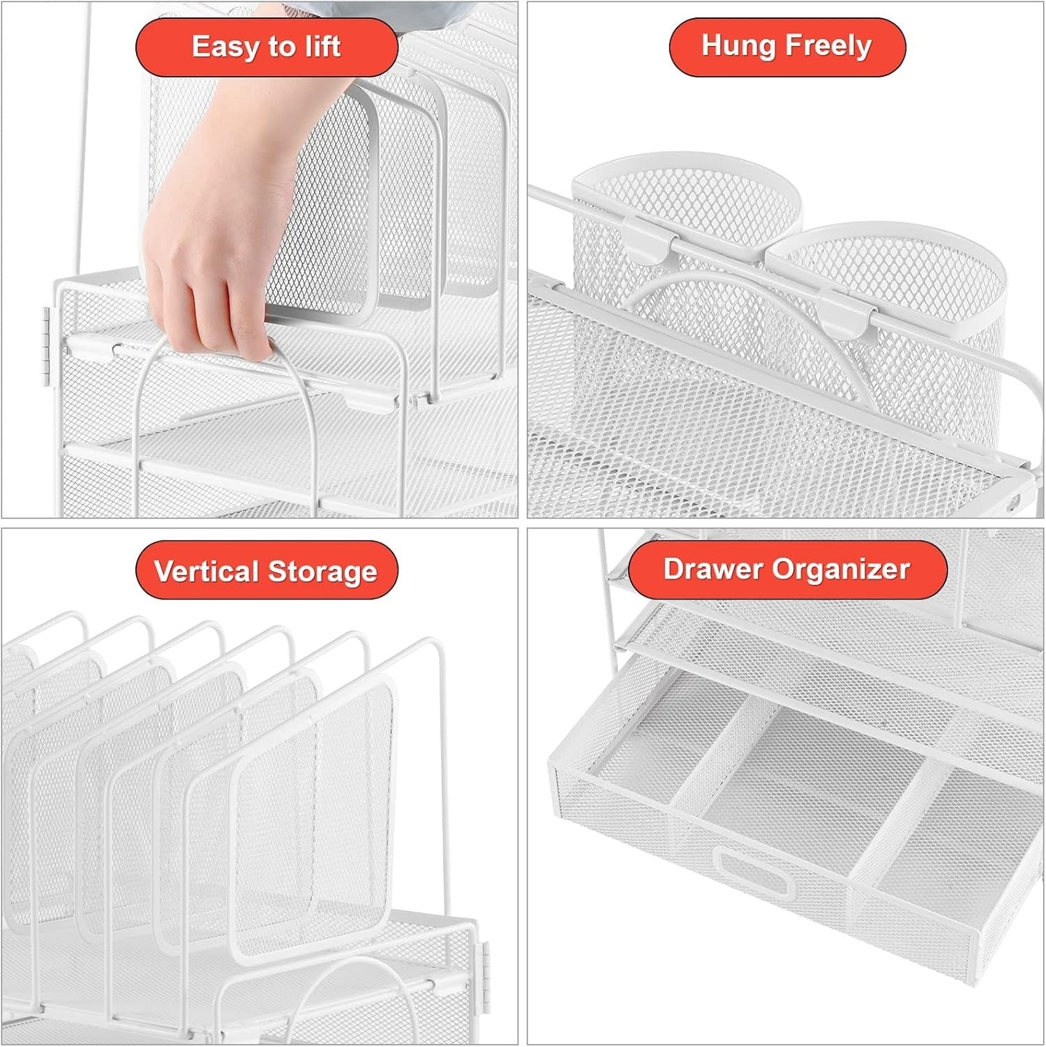 4-Tier Desk Organizer Tray with Drawer, 5 Vertical File and Pen Holders