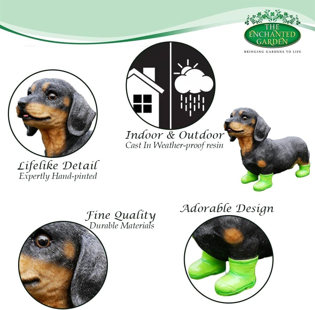 Miniature Dachshund Dog Garden Ornament 26cm Resin Sausage Dog in Boots Decor