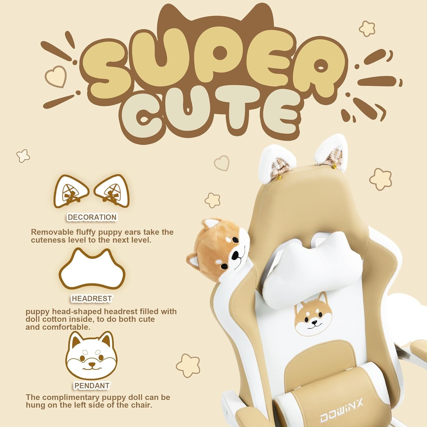 Cute Dog Ear Gaming Chair Massage Lumbar Footrest 290lbs Brown