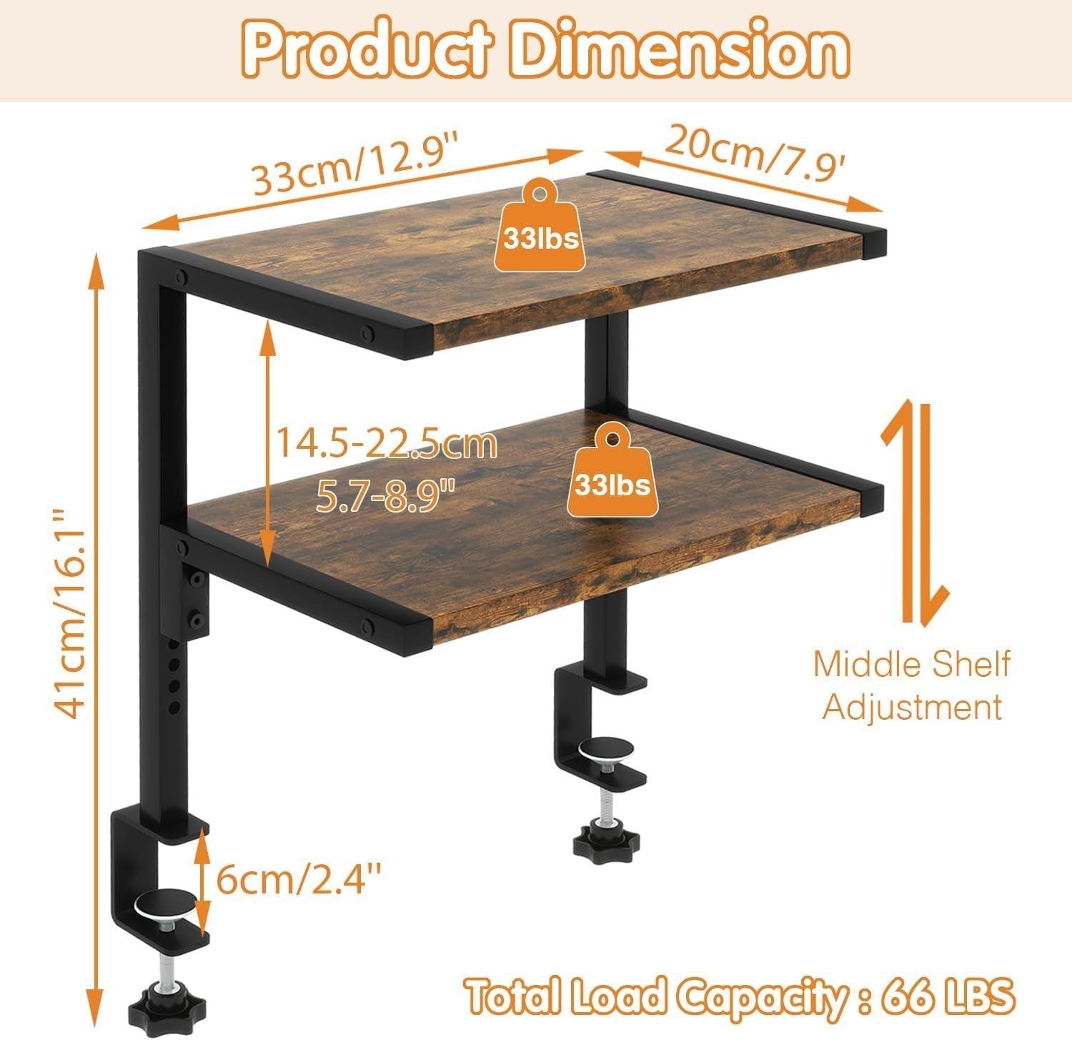 Clamp-On Desk Organizer Shelf 2-Tier Adjustable Storage Rack Rustic Brown 33cm