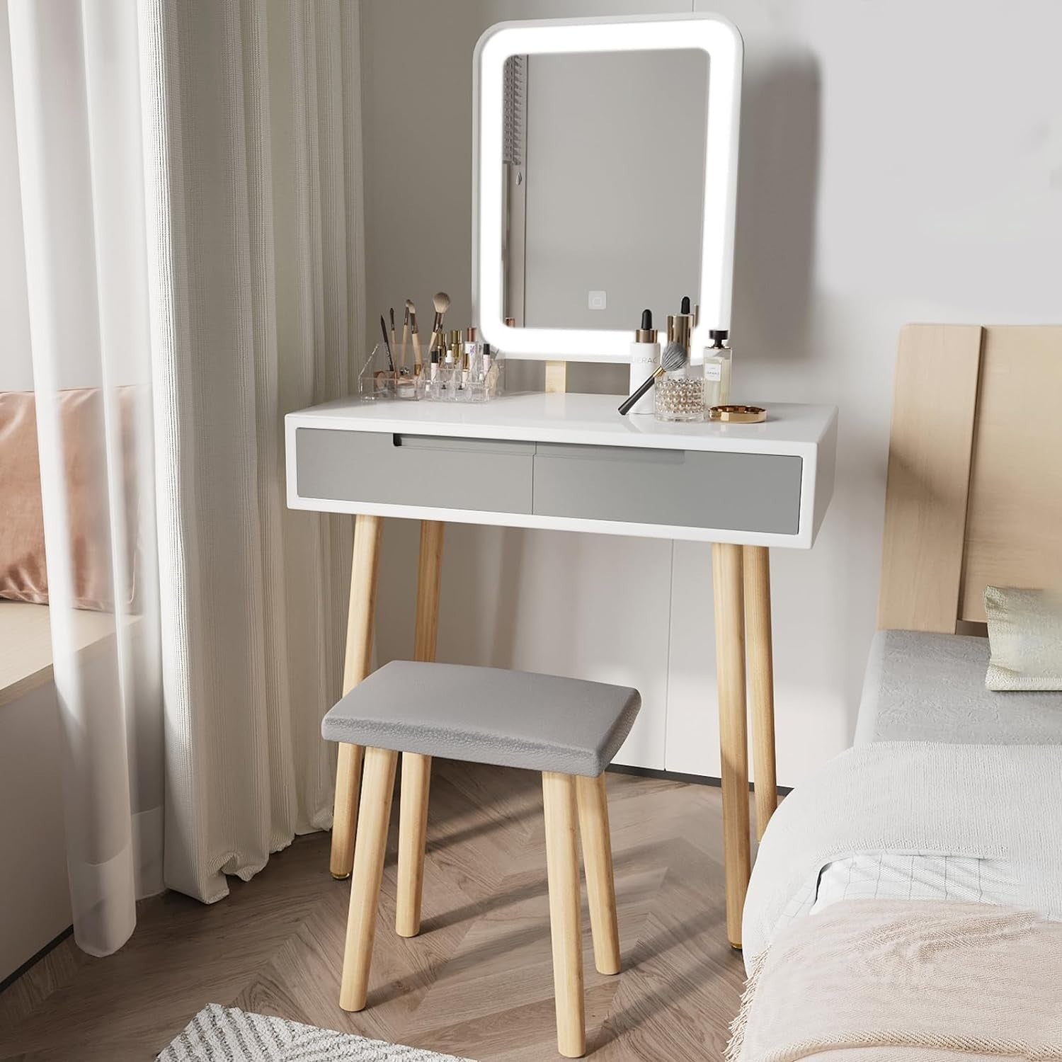 White Modern Vanity Makeup Table Set Dresser LED Lighted Mirror & Stool 2 Drawer