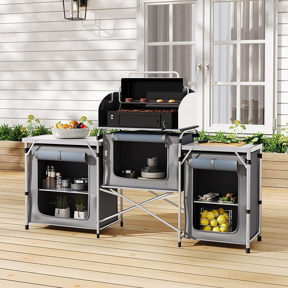 Outdoor Camping Kitchen with 5 Shelves, Foldable Aluminium BBQ Storage Table