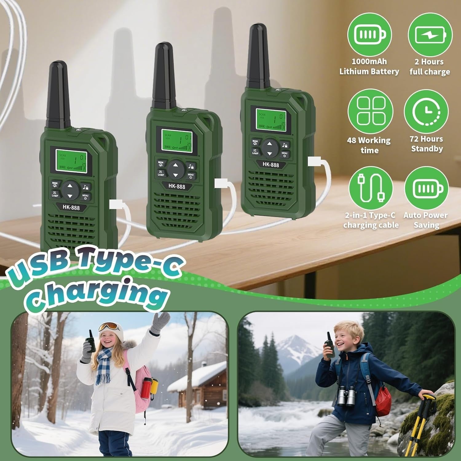 Kids Walkie Talkies Rechargeable 3 Pack 3 Mile Range VOX NOAA Radio