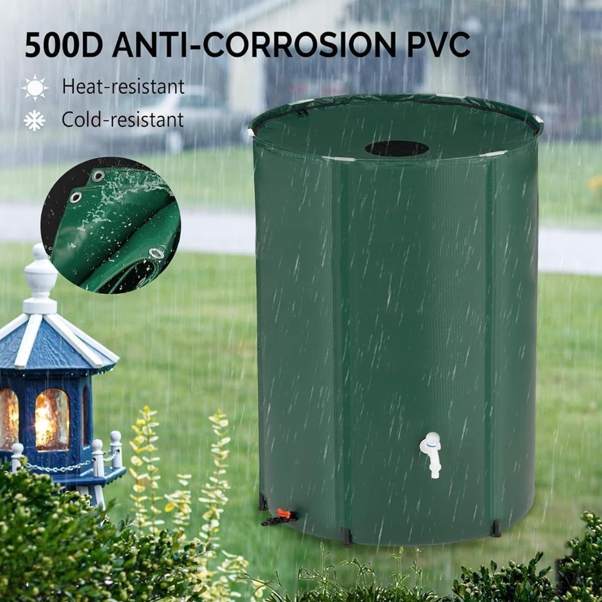 Collapsible 380L Rainwater Barrel with Tap & Mesh Top, Portable Garden Storage