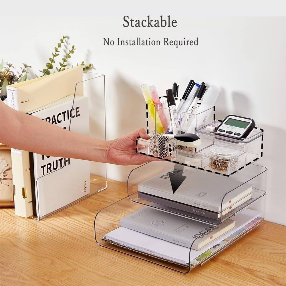 Desk Organizer with Letter Trays & Pen Holder – Stackable Office Storage