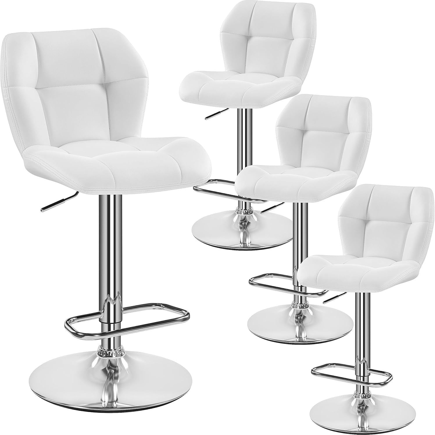 Adjustable White PU Leather Bar Stools Set of 4 – Swivel Counter Chairs